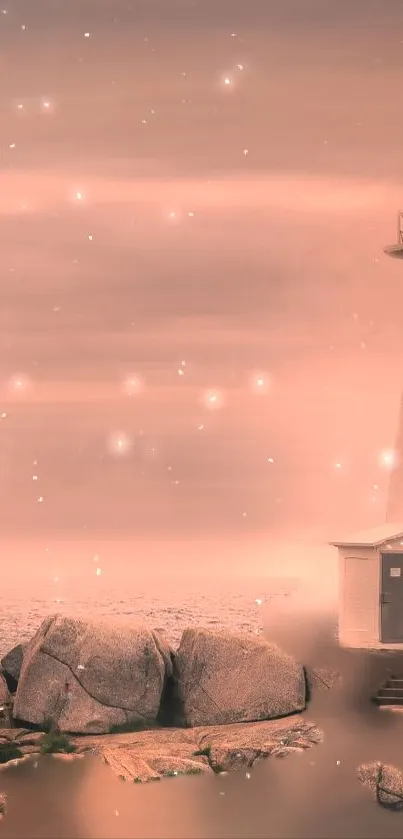 Dreamy lighthouse with sparkles by the sea in a peachy sunset sky.