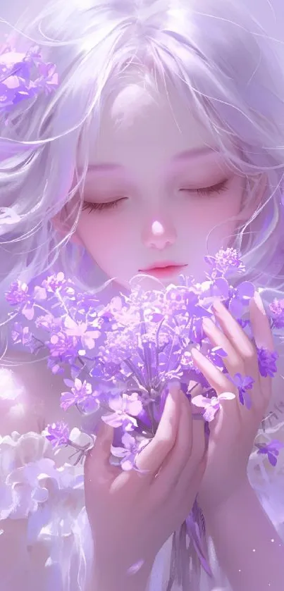 Dreamy illustration of a girl with lilac flowers.