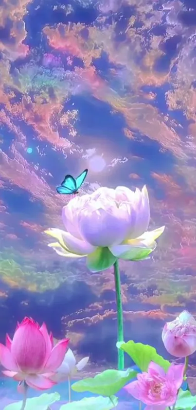 Vibrant lotus with butterfly under a colorful sky.