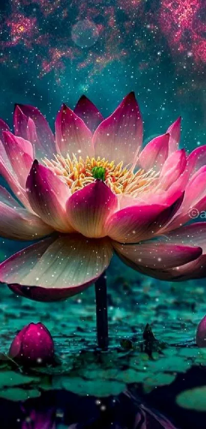 Dreamy lotus on cosmic teal background, vivid petals glowing.