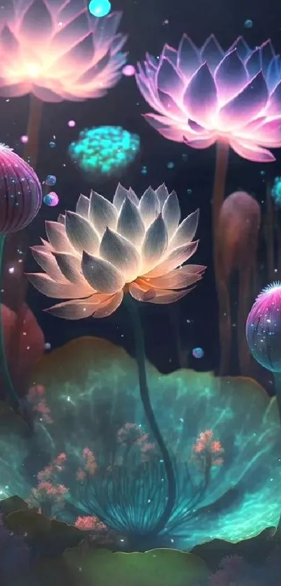 Dreamy lotus flowers with a glowing effect in a mystical setting.