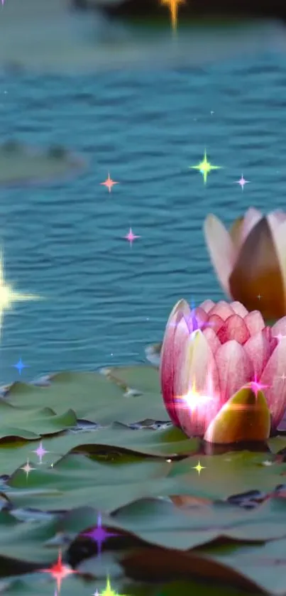 Mobile wallpaper of lotus flowers with sparkles on a blue lake.