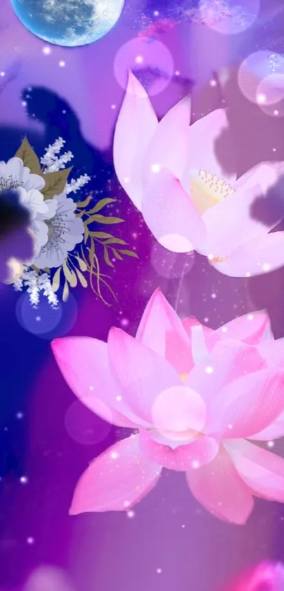 Dreamy lotus flowers with mystical colors in a mobile wallpaper.