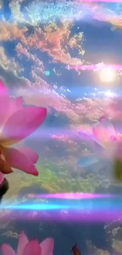 Lotus flowers under a dreamy pastel sky with soft light effects.