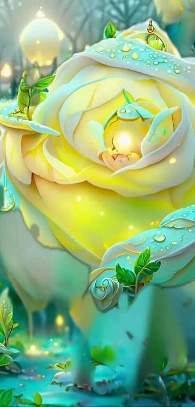 Fantasy luminous rose glowing in a mystical garden with dewdrops.