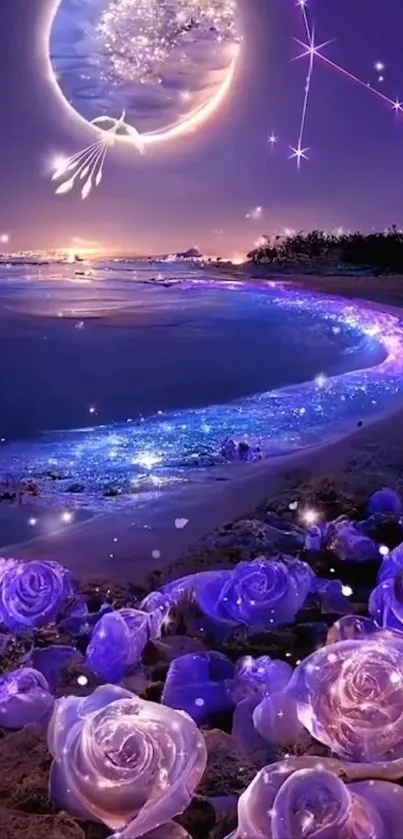 A mystical beach under a glowing moon with purple roses and a starry night sky.