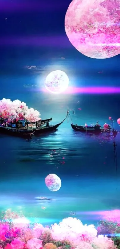 Dreamy night wallpaper with pink moons over serene waters.