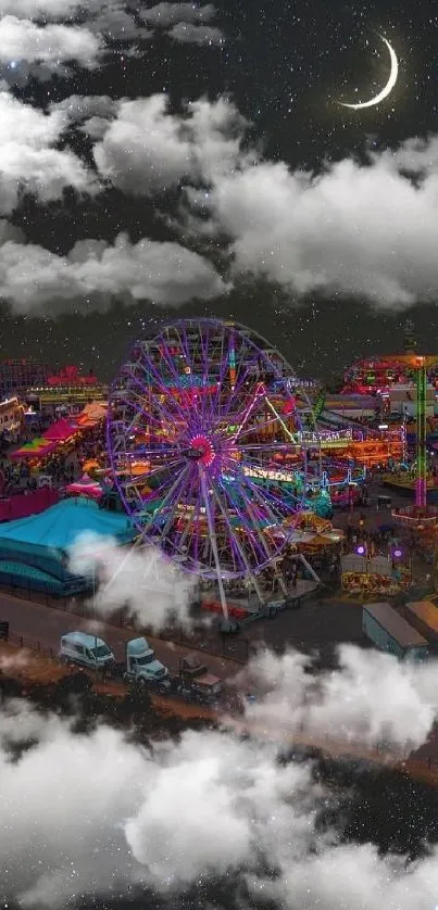 Magical carnival under starry sky with crescent moon and fluffy clouds.