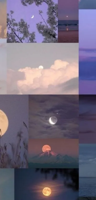 Dreamy lunar collage wallpaper with moon phases and pastel skies.