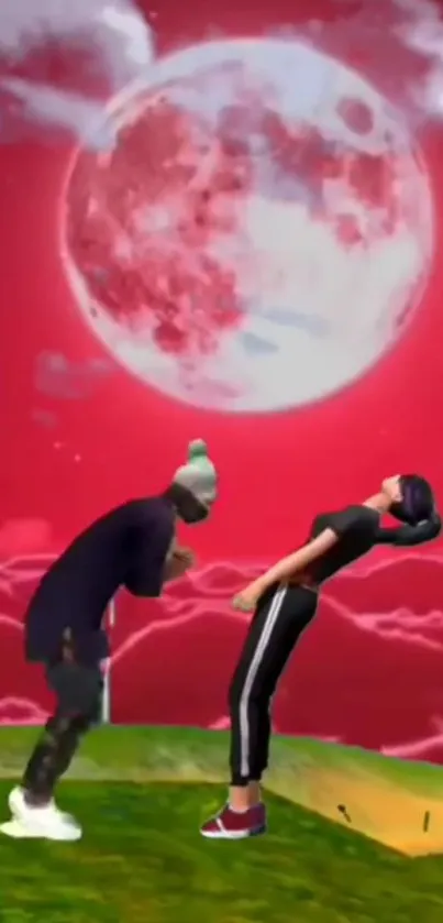 Animated dance under a red moon.