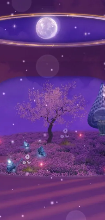 Surreal purple landscape with moon and futuristic elements.