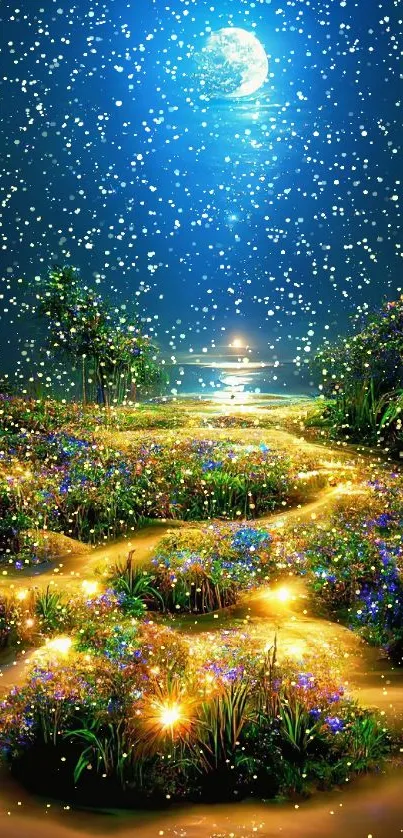 A dreamy garden under a bright moon with glowing paths and vibrant stars.