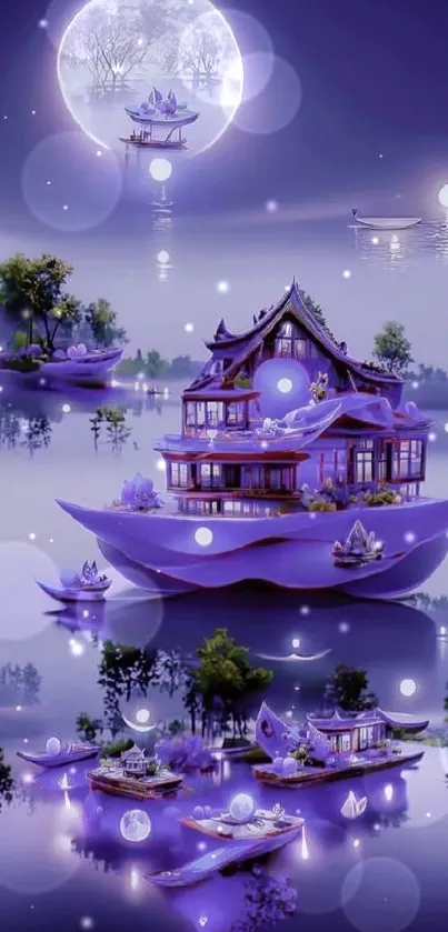 Purple landscape with floating ships and moon reflecting on water.