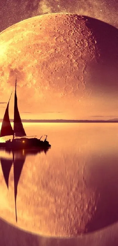 Sailboat and tree under a large moon with warm amber hues.