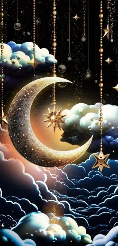 Dreamy night sky with crescent moon and stars.