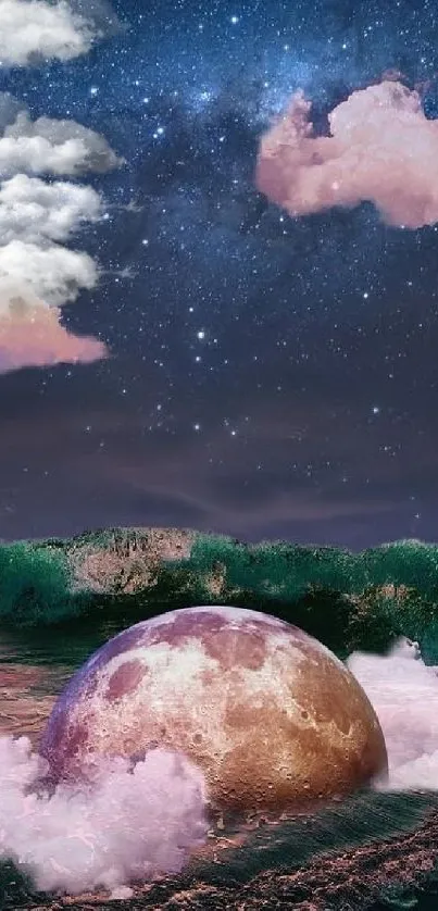 Surreal moon rising from the ocean under a starry night sky with pink clouds.