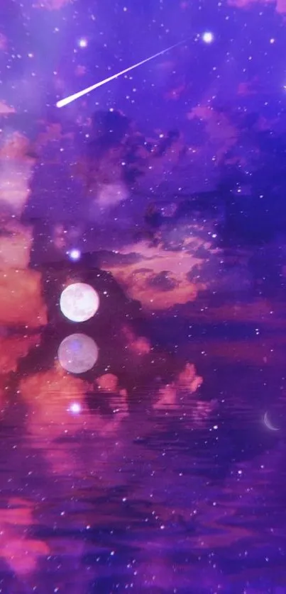 Surreal night sky with moon reflection and purple clouds in a dreamy wallpaper.