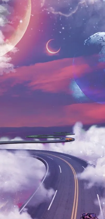 Surreal road with pink and purple sky, planets, and clouds.