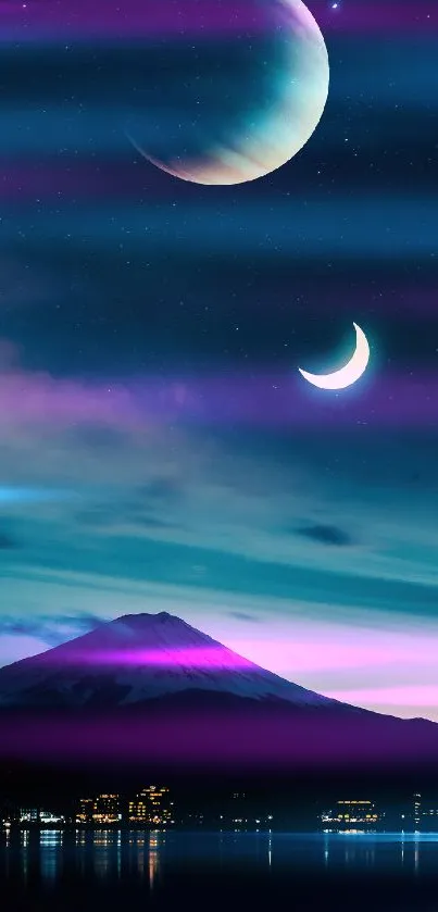 Serene mobile wallpaper with two moons over a mountain under a starry night sky.