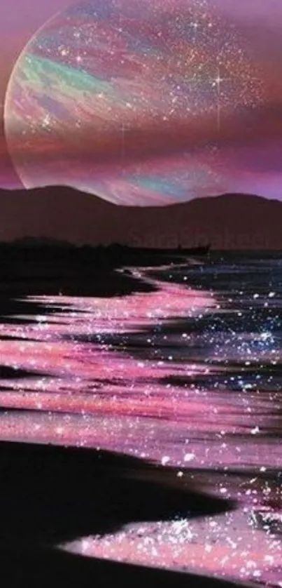 Dreamy wallpaper with cosmic moon reflecting on a shimmering pink shoreline.