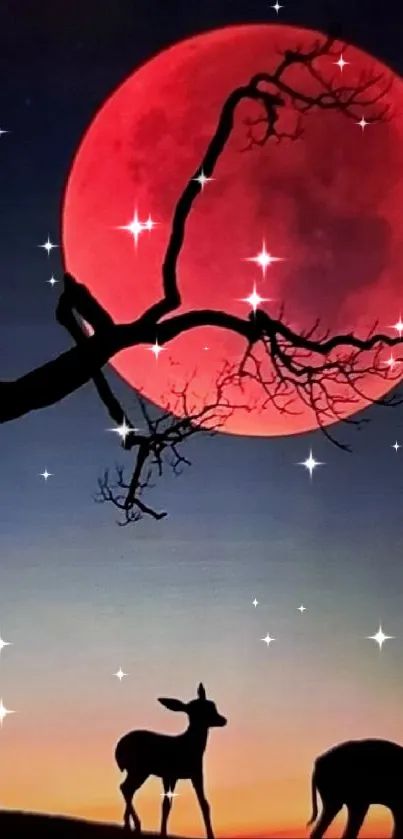 Silhouetted wildlife under a red moon.