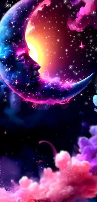 Fantasy moon and colorful cosmic clouds wallpaper.