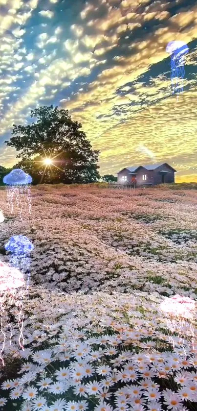 Surreal meadow with glowing jellyfish under a vibrant sky.