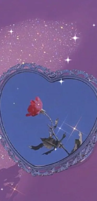 Heart-shaped mirror with rose on purple background.