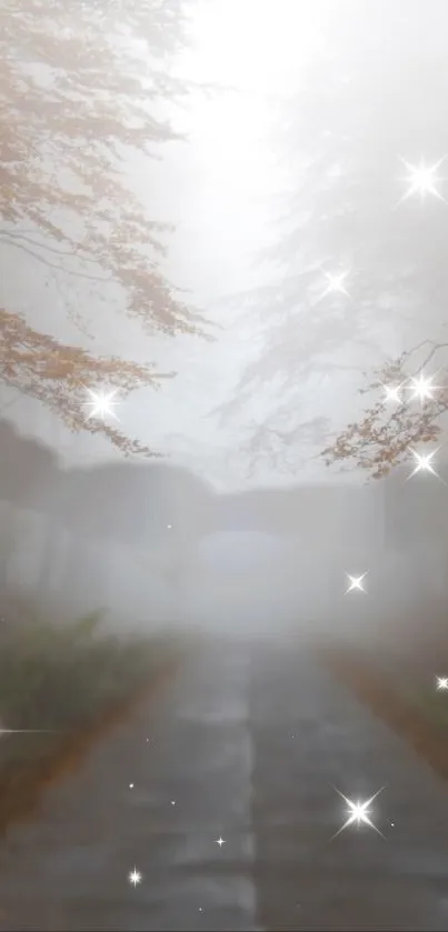 Misty path with sparkling stars and fall foliage.