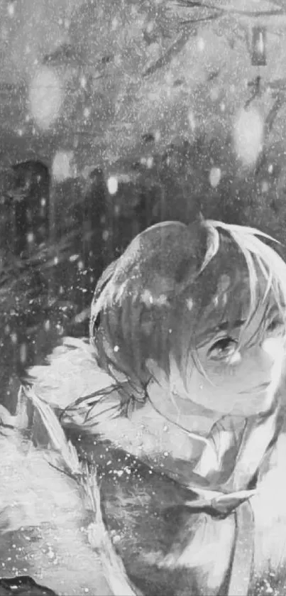 Monochrome anime artwork with snow and a peaceful character.