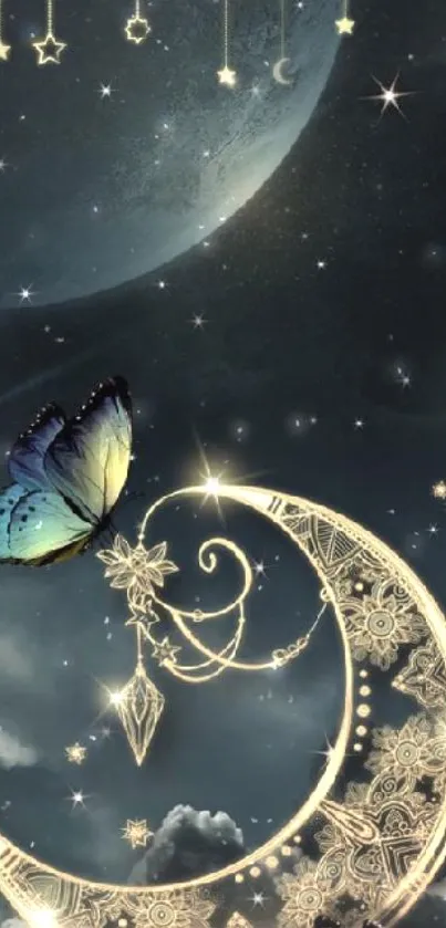 Moonlit night with butterflies and stars.