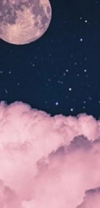 Pink clouds and moon under a starry night sky wallpaper.