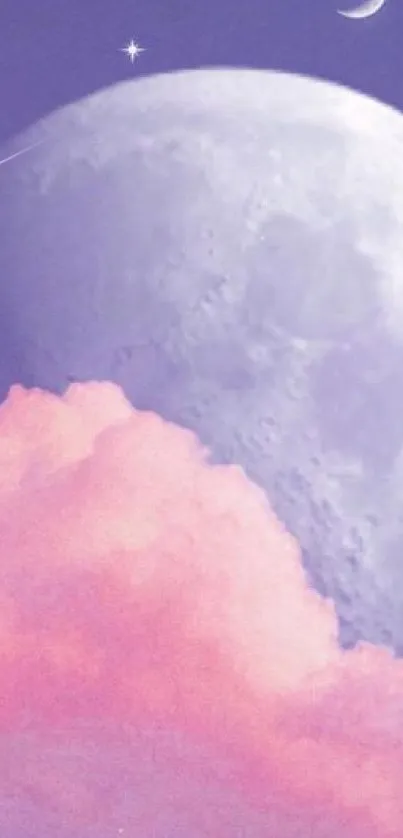 Dreamy wallpaper with moon and pink clouds on a purple sky.