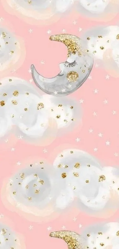 Dreamy pink wallpaper with moons, clouds, and stars.