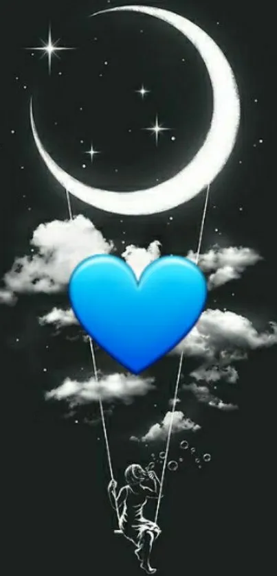 Dreamy crescent moon and blue heart mobile wallpaper.