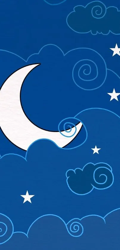 Crescent moon with stars and clouds on blue background wallpaper.