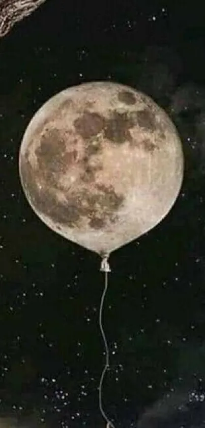 Surreal moon balloon floating in night sky.