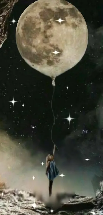 Girl floats with moon balloon in starry sky wallpaper.