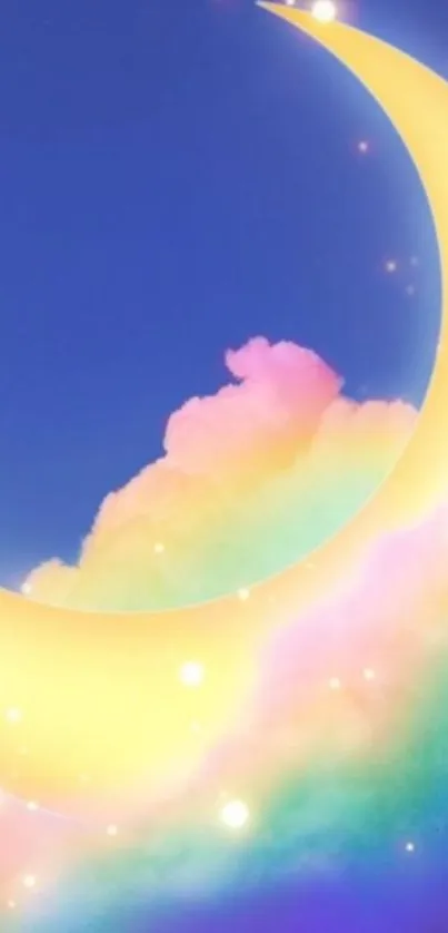 Magical crescent moon with rainbow clouds on a blue sky wallpaper.