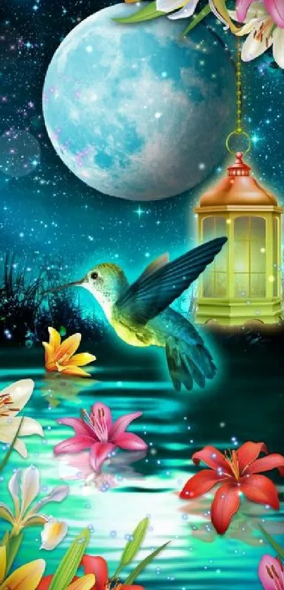 Hummingbird in a moonlit garden with flowers and lantern.