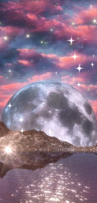 Dreamy moon reflection with starry sky above tranquil water.