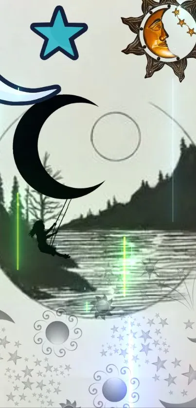 Silhouette on swing by a moonlit lake with celestial designs.