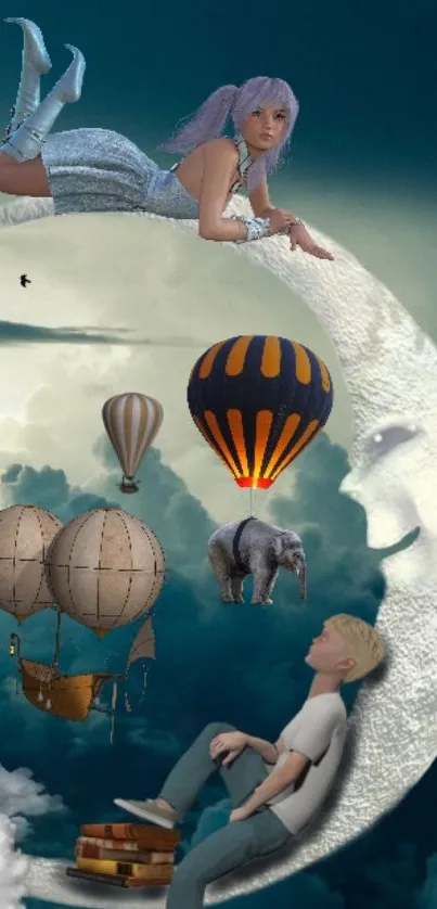 Whimsical fantasy scene with moon and balloons.