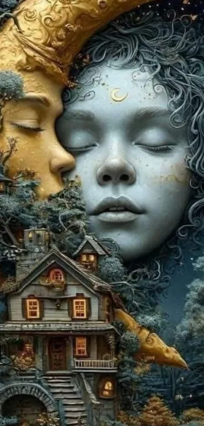 Surreal art of human moon face, fantasy house at night.