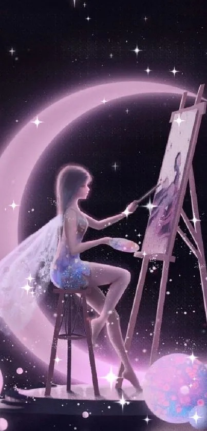 Illustrated woman painting under a crescent moon, surrounded by glowing orbs.