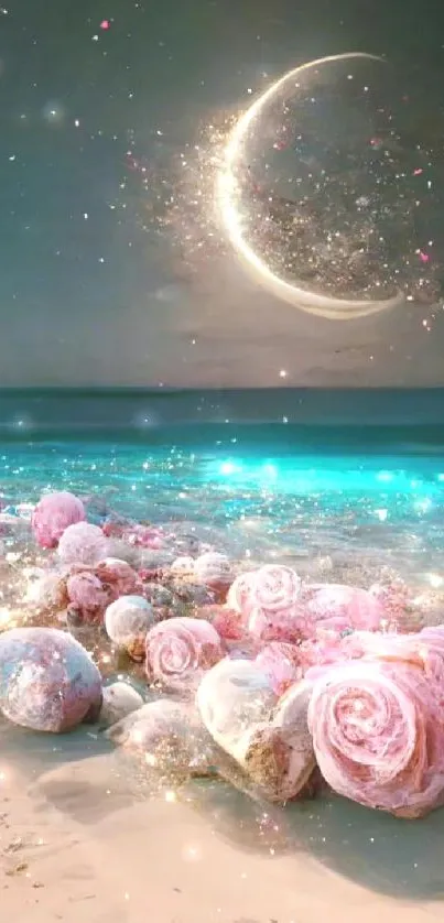 A fantasy beach scene with a crescent moon and pink roses under a starry sky.