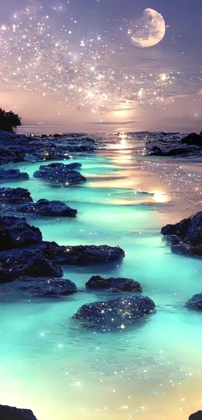 Peaceful moonlit beach with glowing water and starry sky.