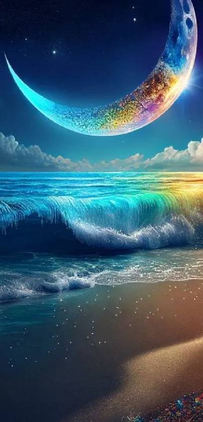 Colorful moonlit beach scene with nighttime ocean.