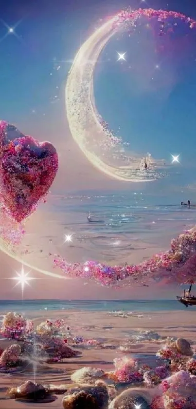 Enchanting moonlit beach with a pink heart and celestial elements.