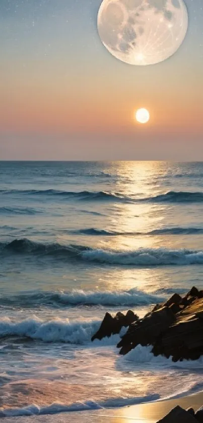 Dreamy beach with moonlit ocean at sunset.